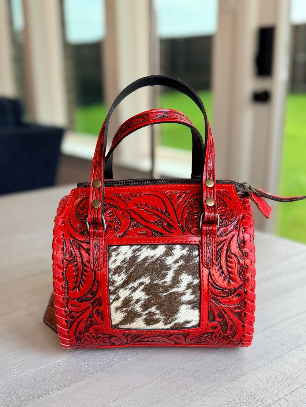 Genuine Leather Cowhide Western Speedy Purse Tooled Floral Red Satchel Bag MINI